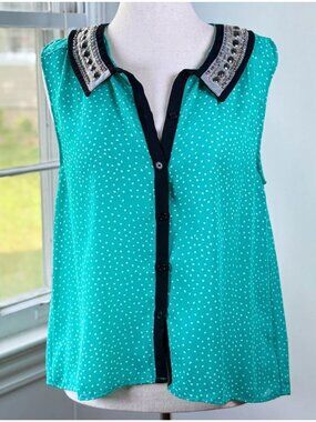 Polka Dot Jeweled Peter Pan Collar Sleeveless Mint Blouse XL Button Down Twee